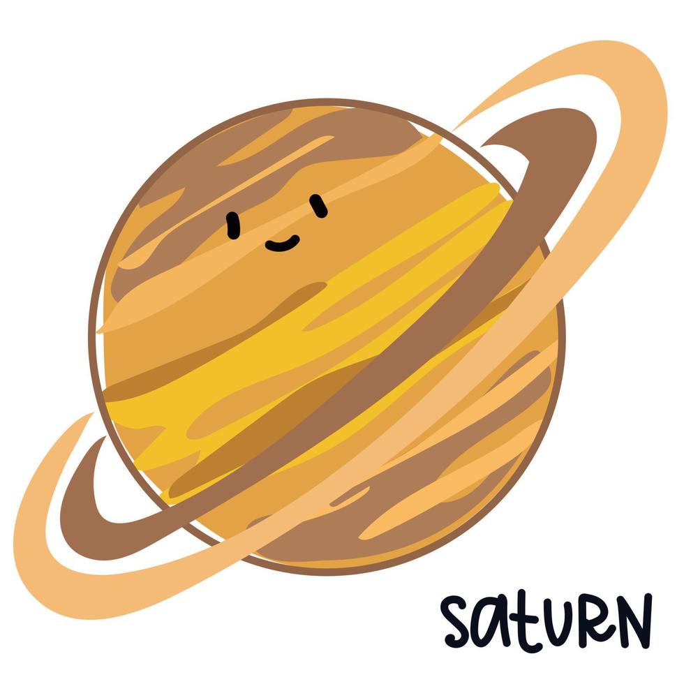 isoliert groß farbig Planet Saturn mit ein Gesicht und Unterschrift. Karikatur Vektor Illustration von ein süß lächelnd Planet im das Solar- System. verwenden zum ein Logo zum Kinder- Produkte