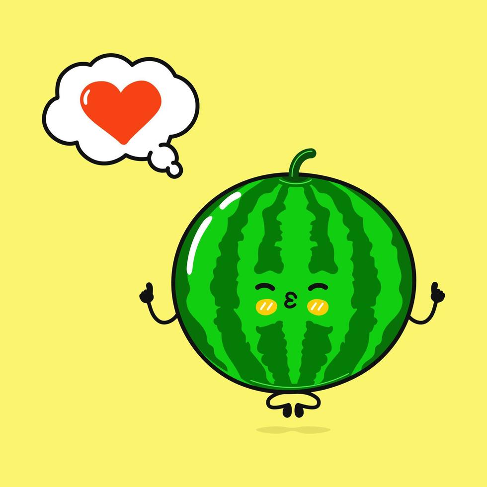 söt rolig vattenmelon håller på med yoga med Tal bubbla. vektor hand dragen tecknad serie söt karaktär illustration ikon. isolerat på gul bakgrund. vattenmelon i kärlek karaktär begrepp