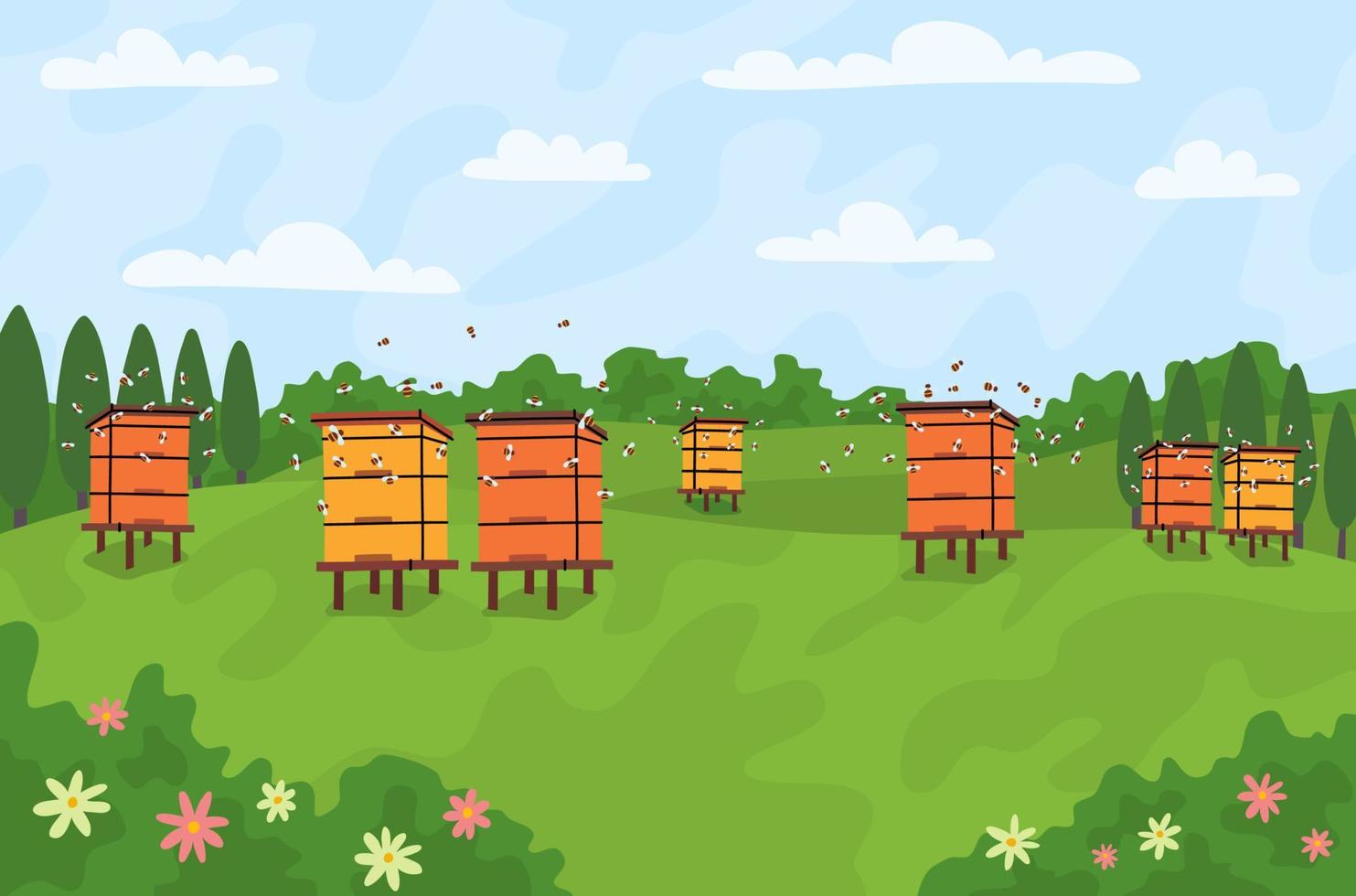 Karikatur Farbe Bienenhaus mit Biene Nesselsucht und fliegend Honigbienen Landschaft Szene Konzept. Vektor