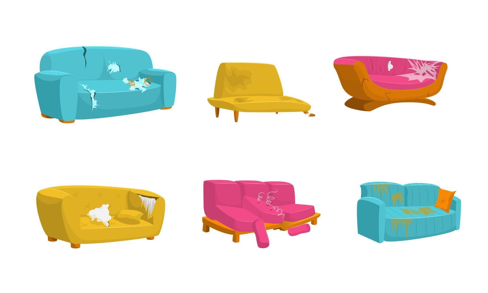 tecknad serie Färg annorlunda smutsig bruten soffa uppsättning. vektor