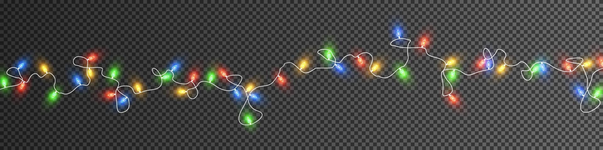 jul lampor. färgrik jul girlanger. vektor röd, gul, blå och grön glöd ljus lökar på trådar isolerat.