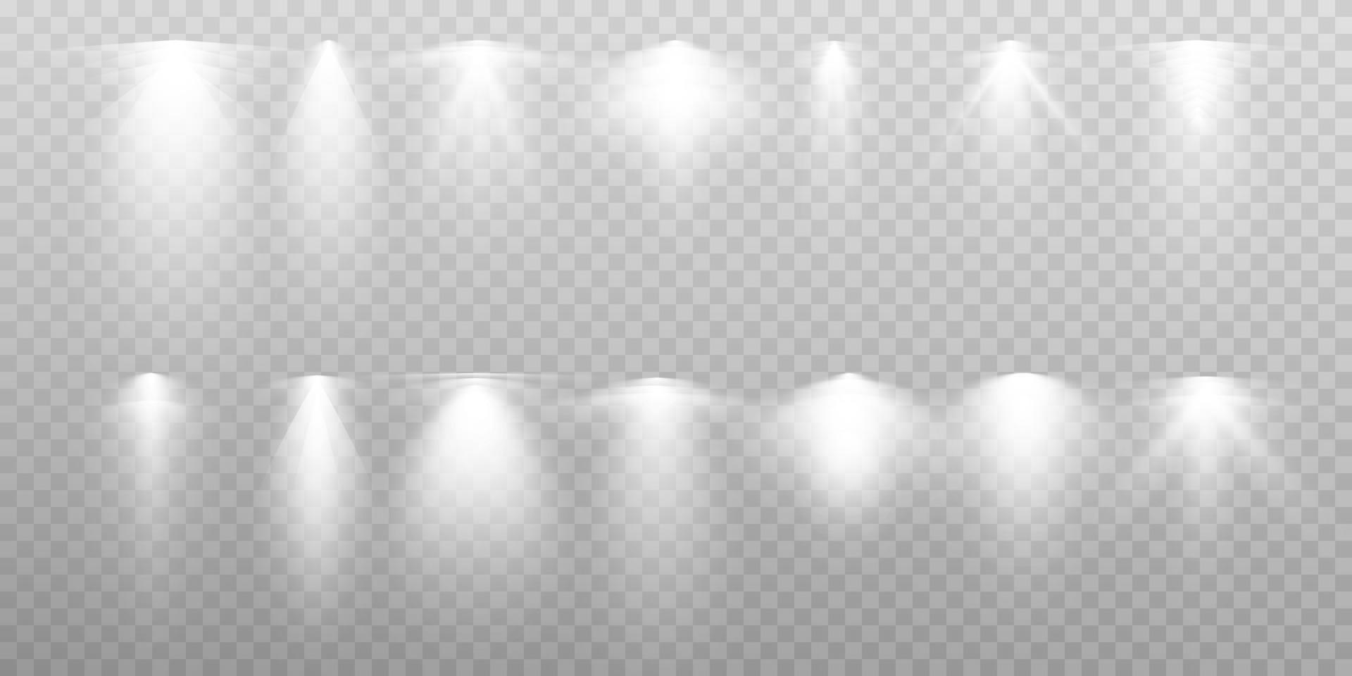 uppsättning av vit strålkastare. olika former av ljus. skede strålkastare. ljus effekter. glöd ljus effekt. vektor illustration.