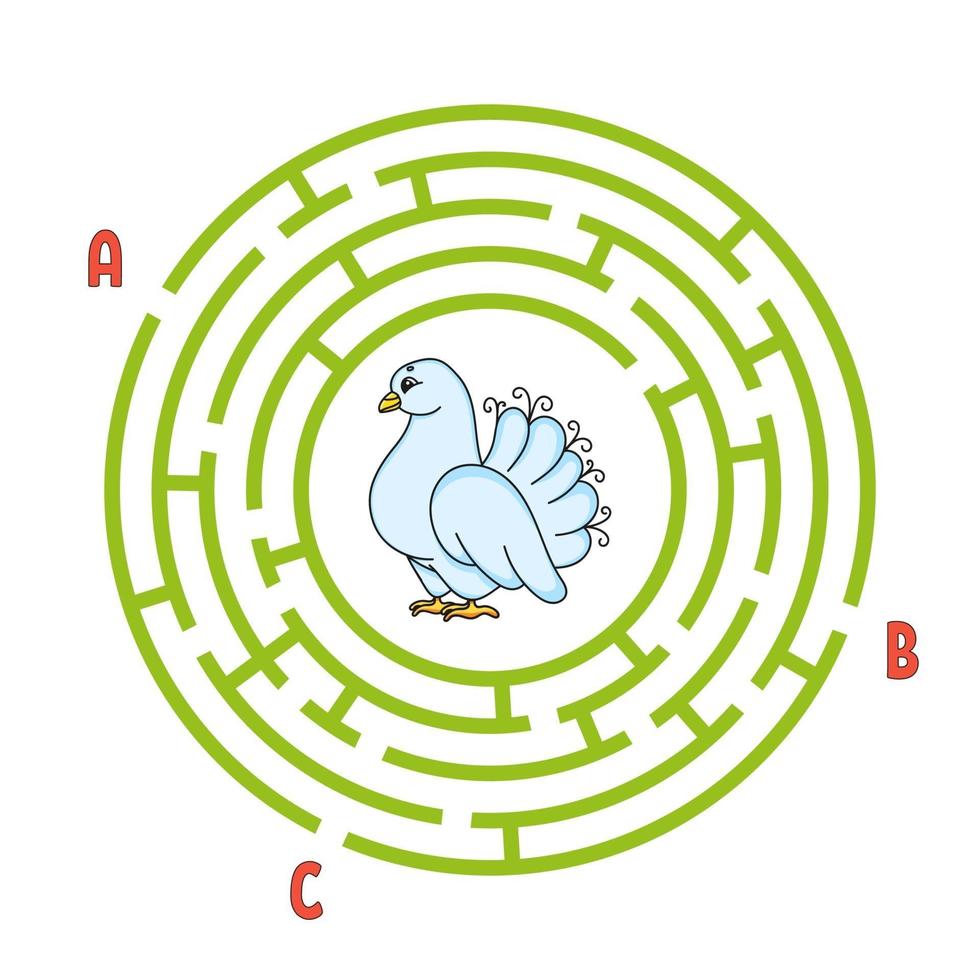 Kreis Labyrinth. Spiel für Kinder. Puzzle für Kinder. rundes Labyrinth-Rätsel. Farbvektorillustration. finde den richtigen Weg. Bildungsarbeitsblatt. vektor