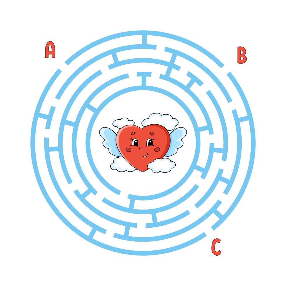 Kreis Labyrinth. Spiel für Kinder. Puzzle für Kinder. rundes Labyrinth-Rätsel. Farbvektorillustration. finde den richtigen Weg. Bildungsarbeitsblatt. vektor