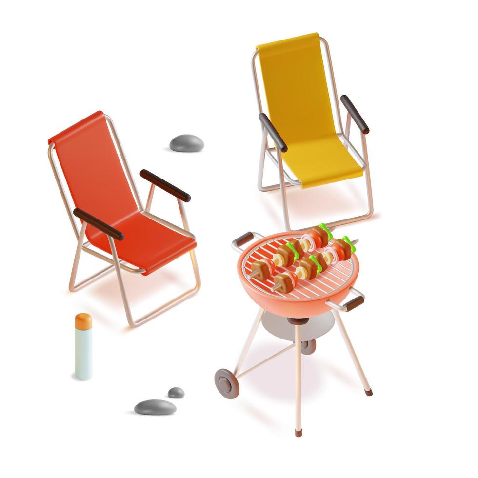 3d barbequ fest begrepp inkludera av hopfällbar camping stol och runda bbq grill plastin tecknad serie stil. vektor illustration