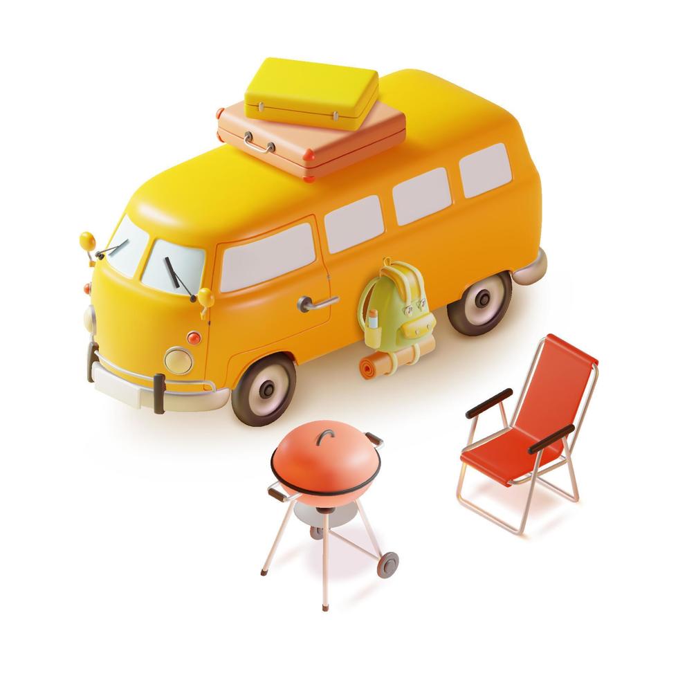 3d grilla fest begrepp plastin tecknad serie stil inkludera av resa skåpbil, hopfällbar stol och runda bbq grill. vektor illustration