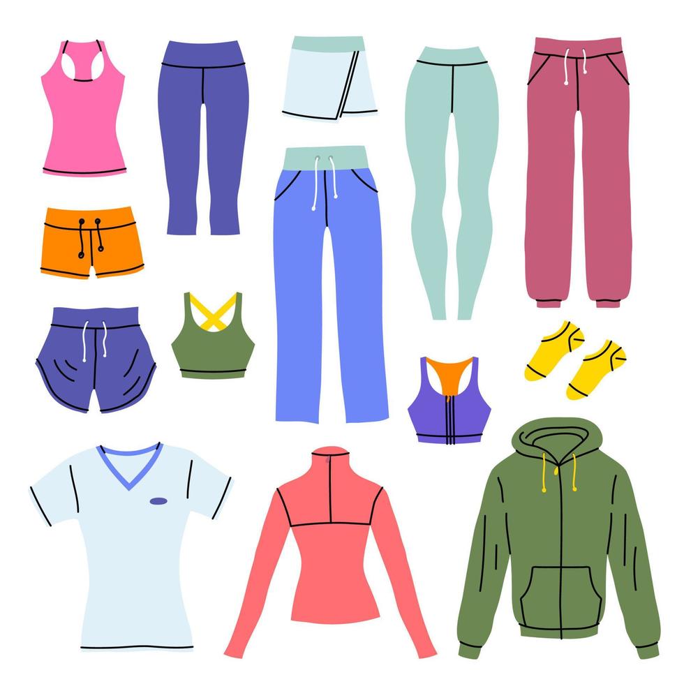 tecknad serie Färg annorlunda kondition kläder uppsättning. vektor