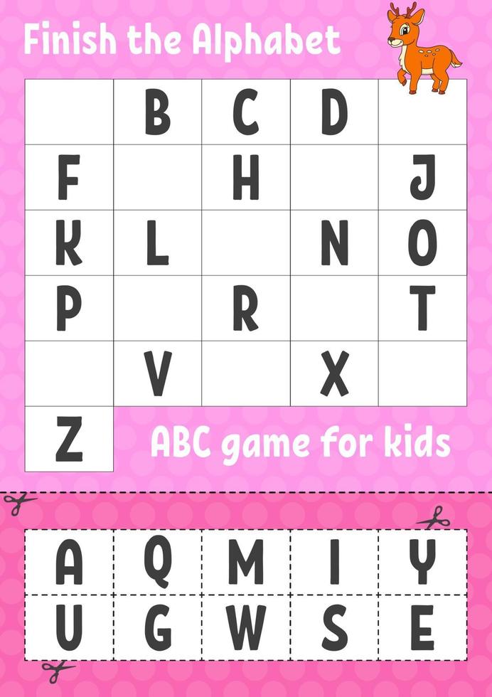 Beende das Alphabet. ABC-Spiel für Kinder. schneiden und Kleben. Arbeitsblatt zur Entwicklung von Bildung. Lernspiel für Kinder. Farbaktivitätsseite. vektor