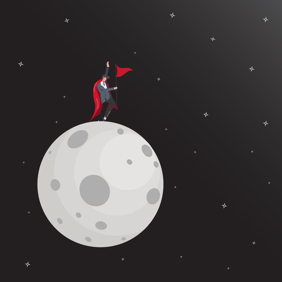 Geschäftsmann mögen ein Superheld halten das rot Flagge Landung auf das Mond Vektor Illustration. erreichen Geschäft Konzept