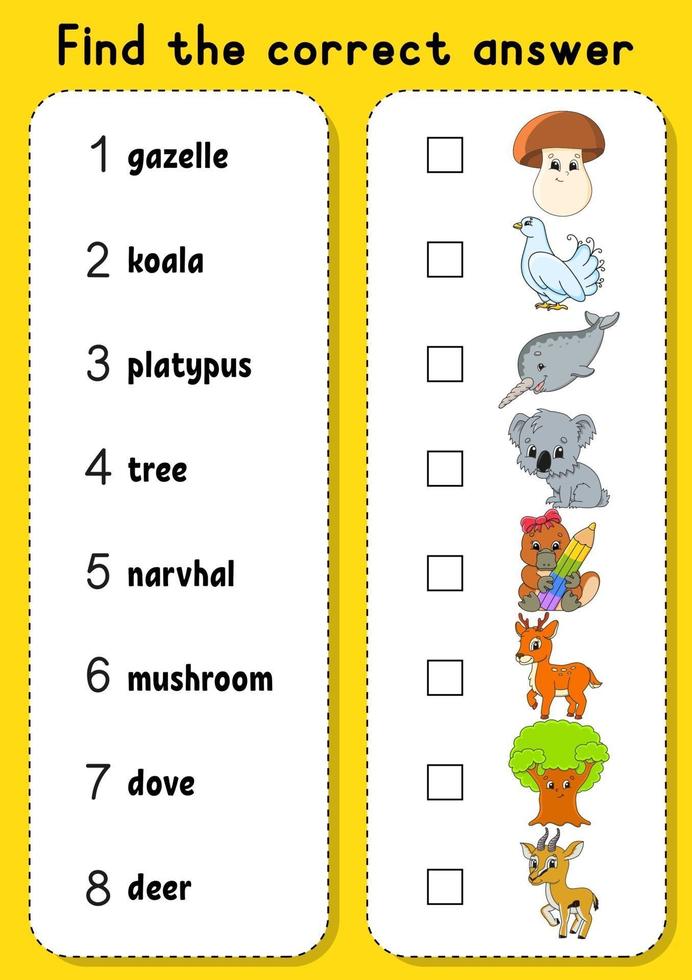 matchande spel för barn. lära sig engelska ord. utbildning utveckla kalkylblad. sida för färgaktivitet. tecknad figur. vektor