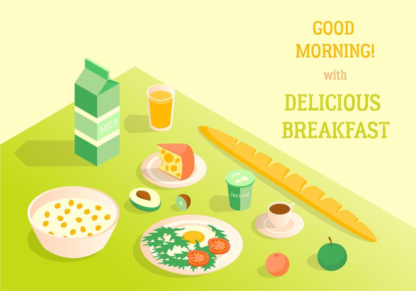 tecknad serie Färg Bra morgon- med utsökt frukost Ingredienser begrepp affisch inbjudan. vektor