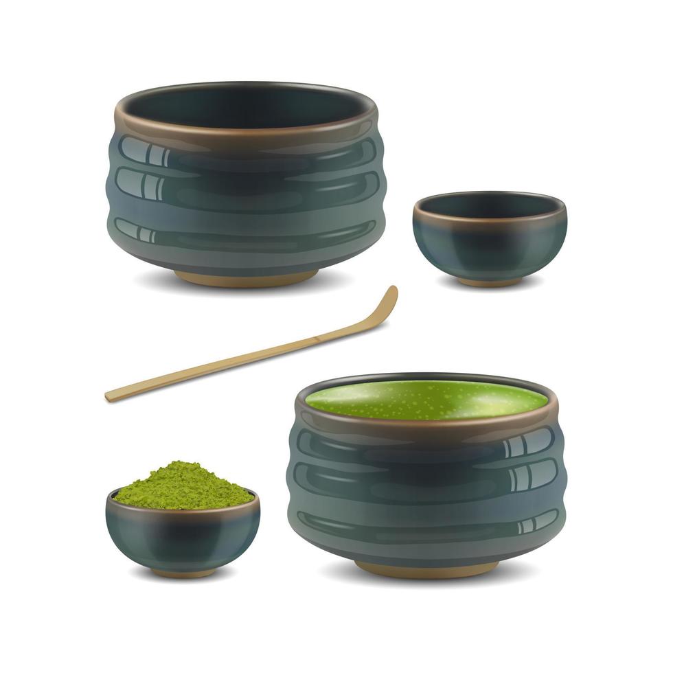 realistisch detailliert 3d Tasse Chawan, Chashaku und Schüssel einstellen japanisch Matcha Tee Zeremonie Konzept. Vektor