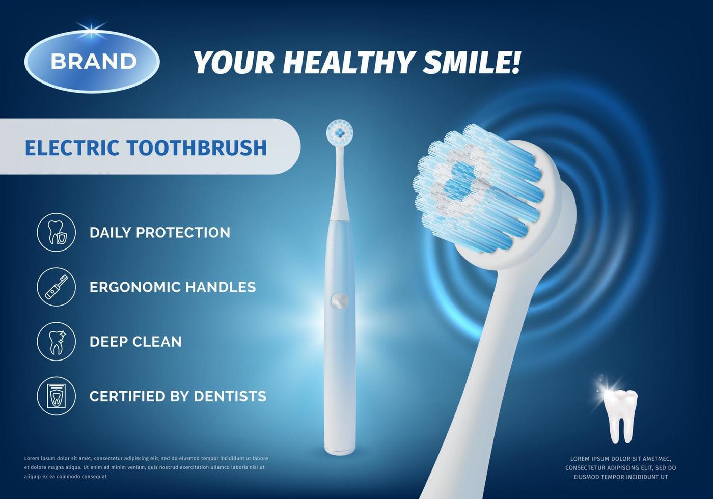 realistisch detailliert 3d elektrisch Zahnbürste Anzeigen Banner Konzept Poster Karte. Vektor