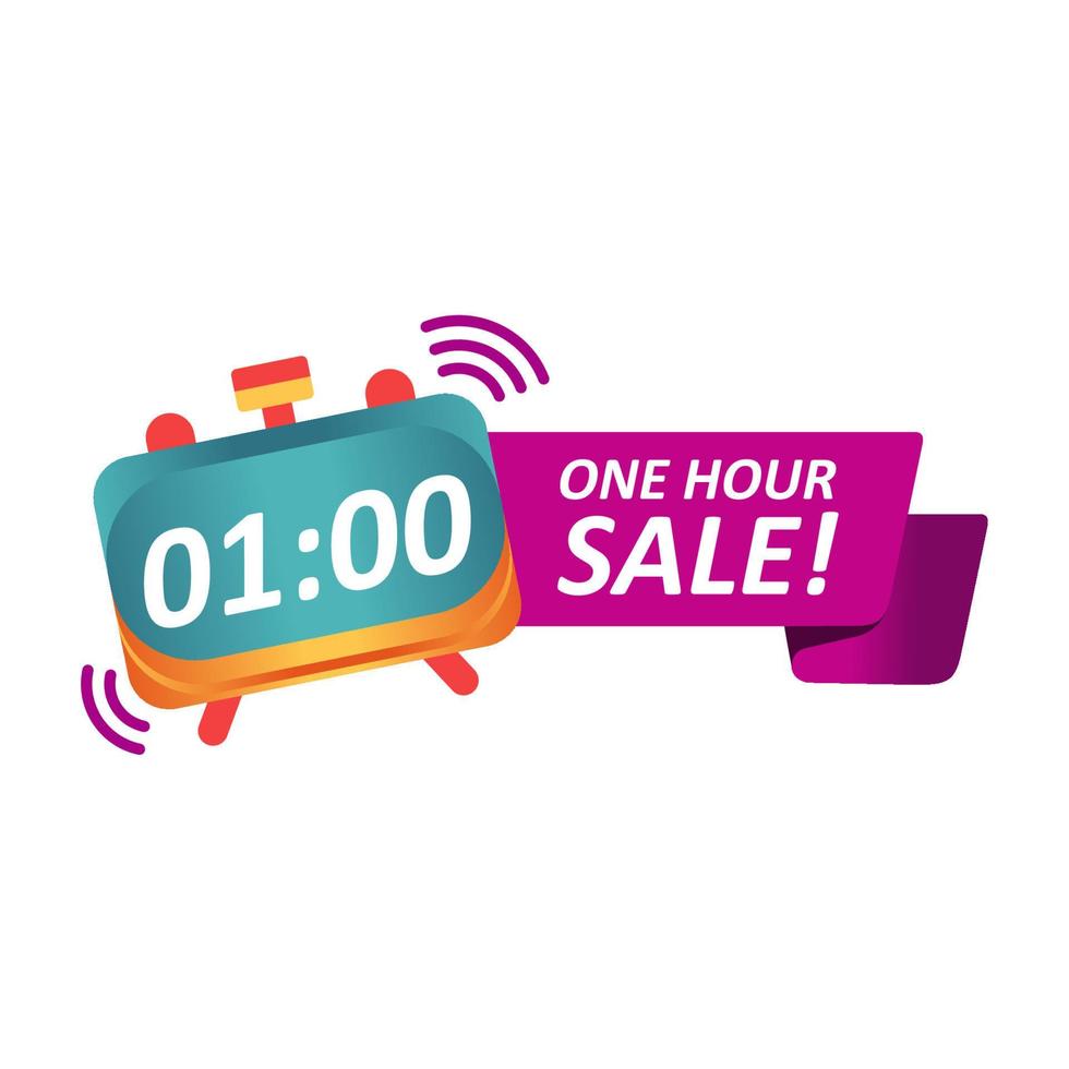 Der Umsatz Countdown Banner Vorlage zum Webseiten, online Shops mit einer Stunde Verkauf Text und Alarm Uhr. lila, rot und Gelb Banner vektor
