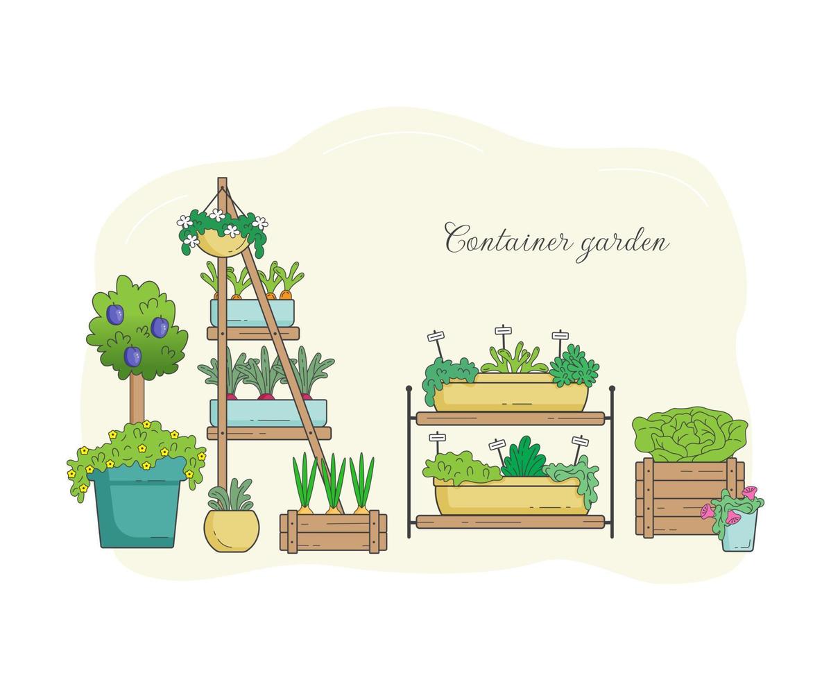 vektor bild av grönsaker växande i behållare, naturlig vegetabiliska trädgård, vegetarian Produkter.