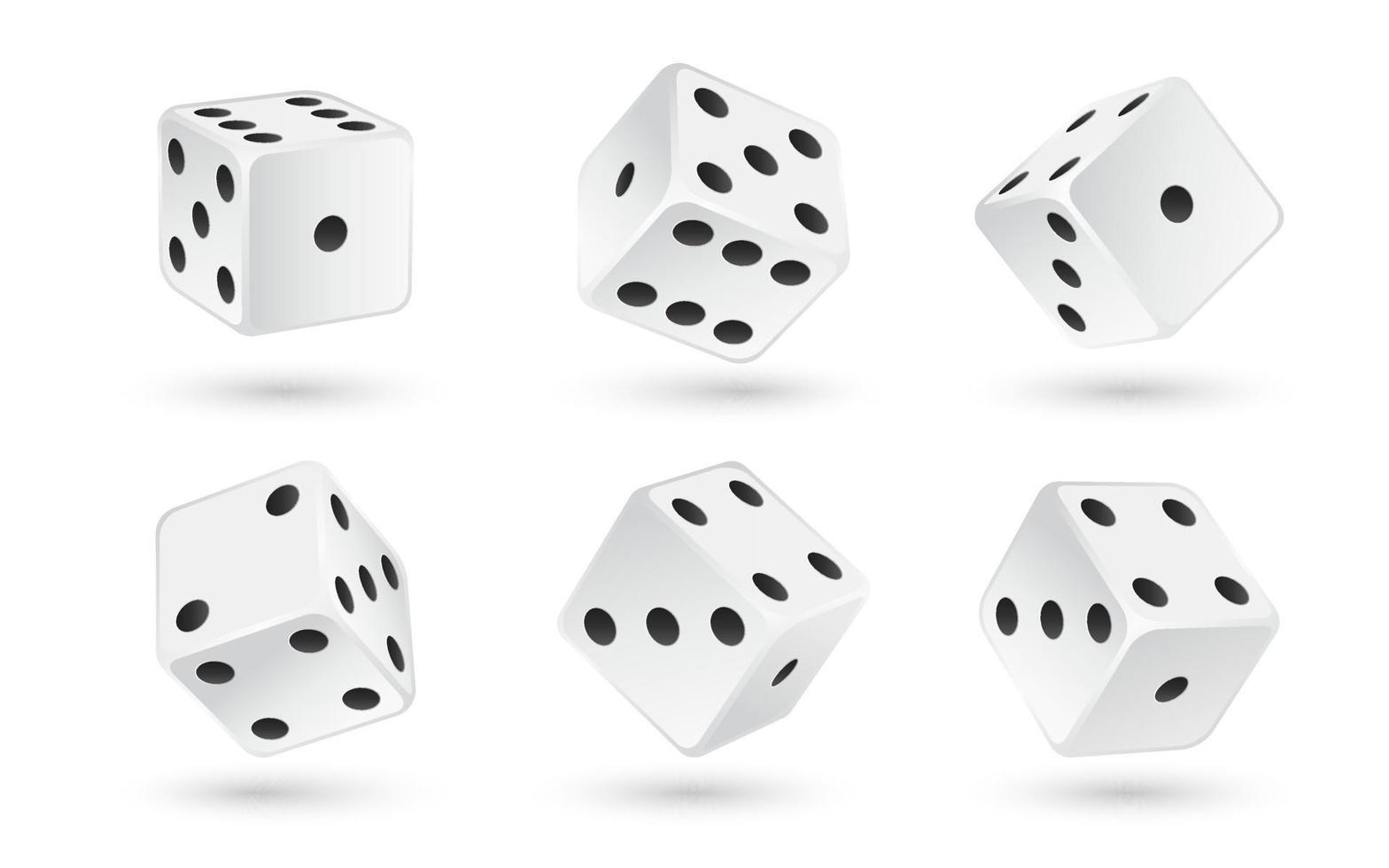kasino realistisk tärningar uppsättning isolerat 3d vektor illustration för hasardspel spel design poker, bordsskiva, styrelse spel. vit kuber med slumpmässig tal av svart prickar eller pips och avrundad kanter