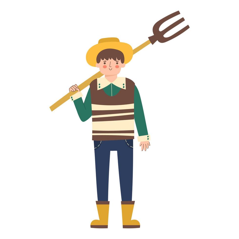 Mann Farmer hält ein Heugabel im seine Hände. Hand zeichnen Farmer Vektor Illustration