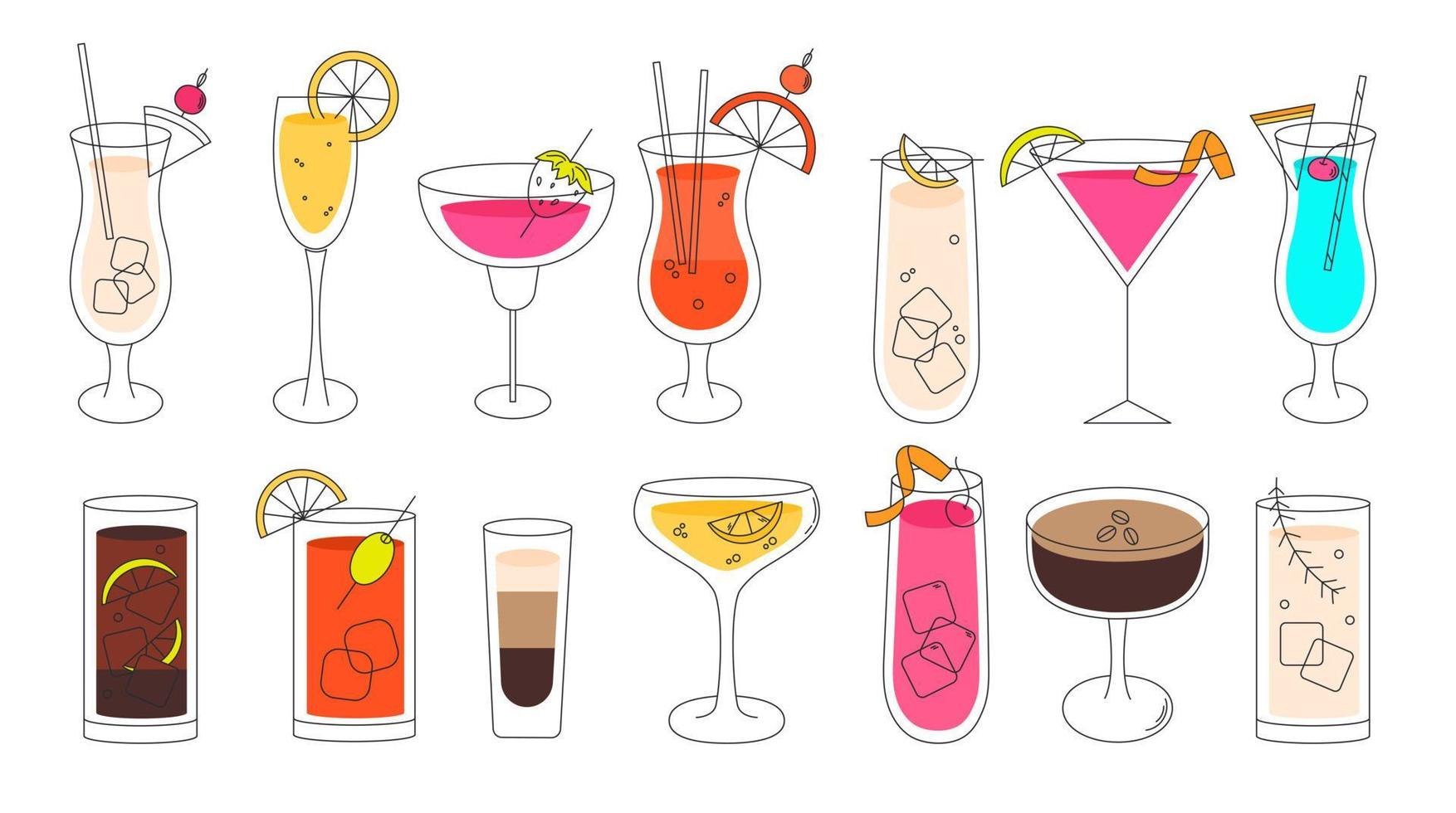 cocktail uppsättning i en minimal vektor tunn linje illustration. kosmopolitisk, gin och tonic, sex på de strand, mojito, martini, mimosa, pina colada, tequila soluppgång, blå hawaii och blodig glad.