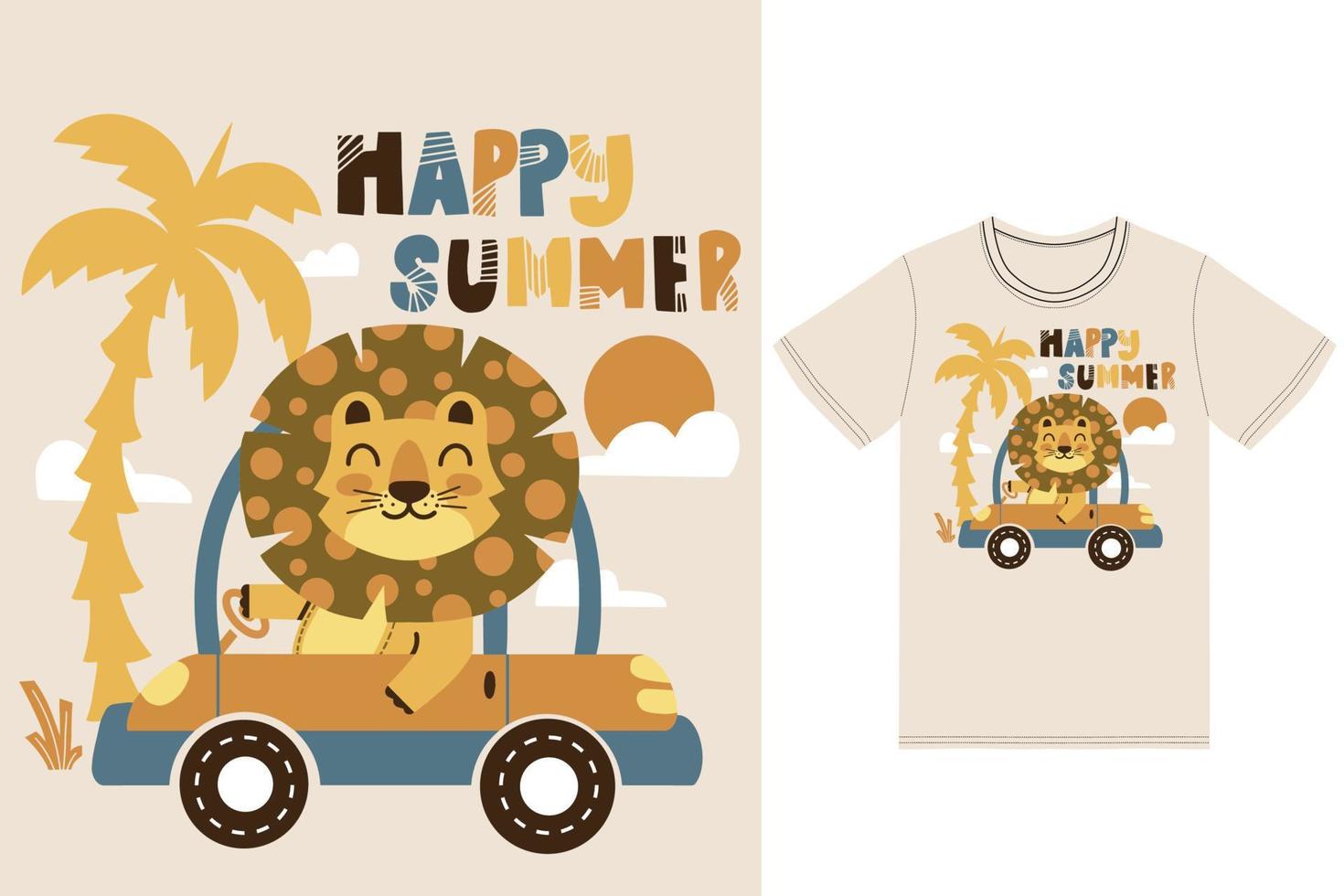 süß Löwe Fahren Auto Illustration mit T-Shirt Design Prämie Vektor