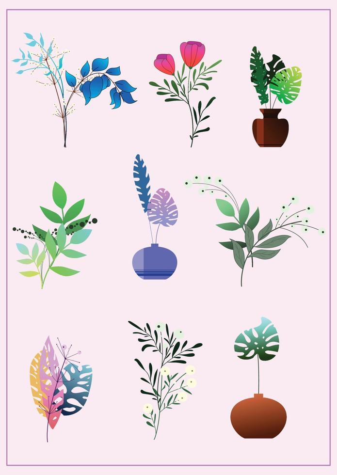 löv och blomma uppsättning illustration handritning vektor