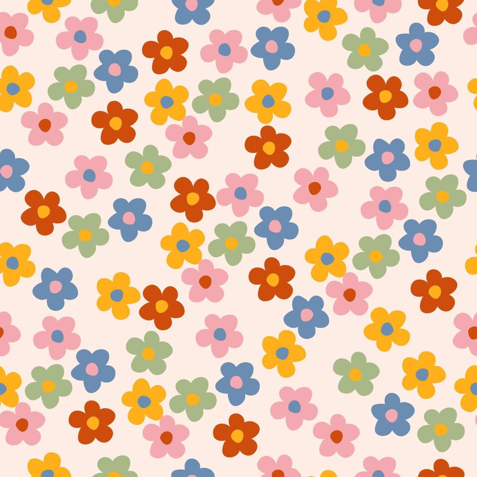 y2k Gänseblümchen Blumen nahtlos Muster im groovig retro funky Stil. einfach geformt Blumen Vektor Hintergrund. gemütlich Jahrgang Stoff drucken, Textil, Zuhause Deko.