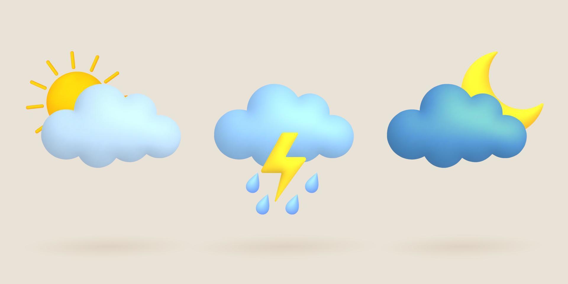 3d tecknad serie väder ikoner uppsättning. Sol, måne, moln, regn, blixt, åskväder. vektor