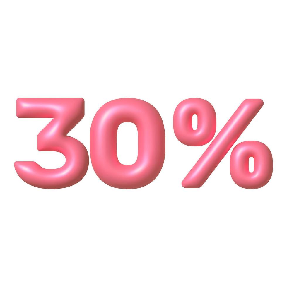 försäljning 3d ikon. rosa glansig 30 procent rabatt vektor tecken. 3d vektor realistisk design element.