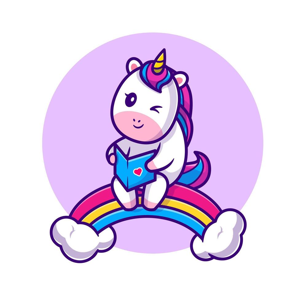 süß Einhorn lesen Buch auf Regenbogen Karikatur Vektor Symbol Illustration. Tier Bildung Symbol Konzept isoliert Prämie Vektor. eben Karikatur Stil