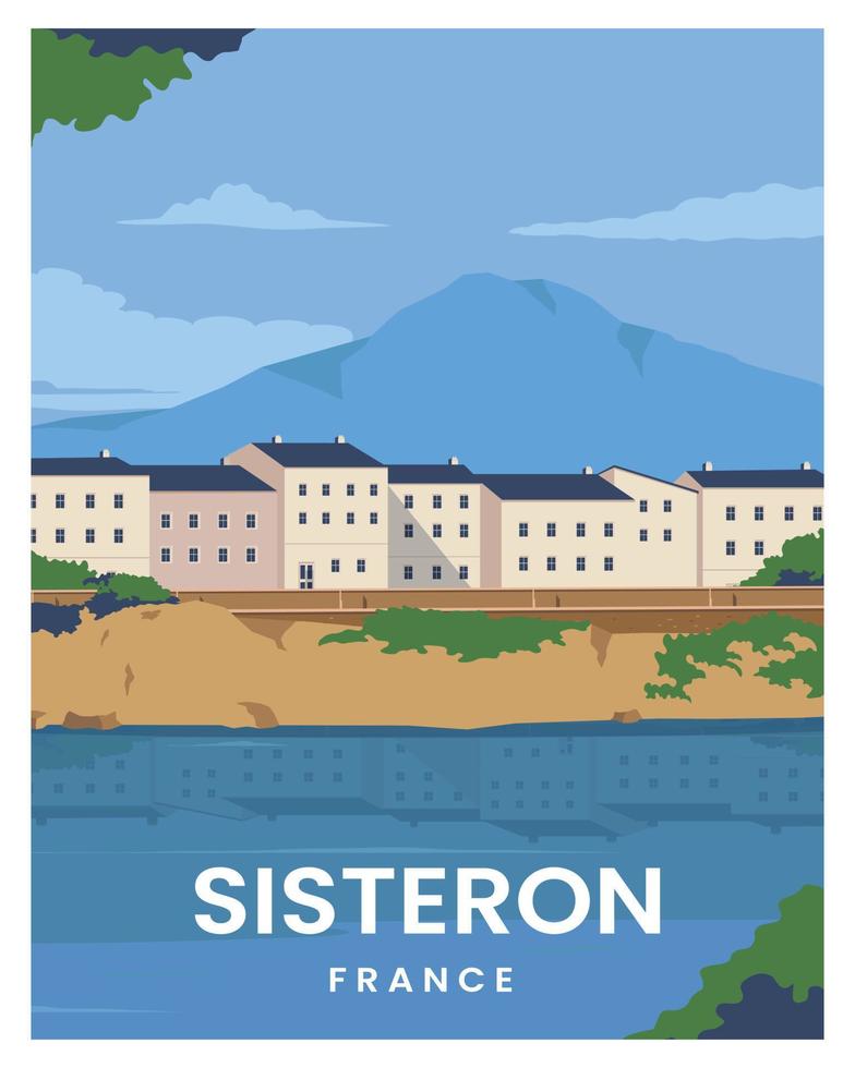 resa affisch på solig dag med berg landskap i systern provence, Frankrike. vektor illustration med färgad stil.