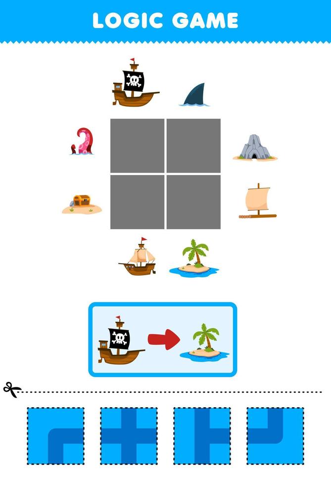 utbildning spel för barn logik pussel bygga de väg för fartyg flytta till ö tryckbar pirat kalkylblad vektor