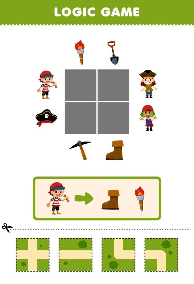 utbildning spel för barn logik pussel bygga de väg för pojke flytta till känga och ficklampa tryckbar pirat kalkylblad vektor