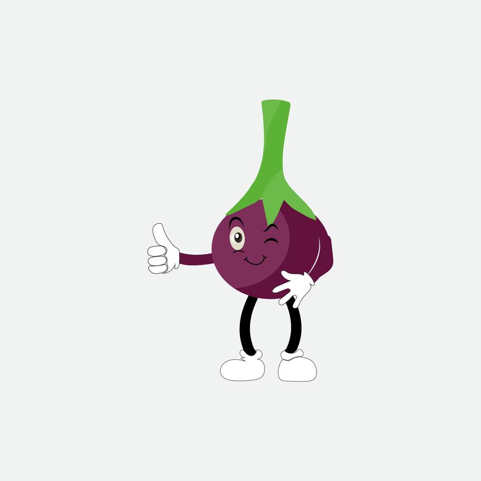 süß Aubergine Charakter Vektor Illustration. eben Aubergine Karikatur Charakter winken. minimal lila Aubergine Obst Design zum Kinder Bücher. Aubergine Karikatur Charakter