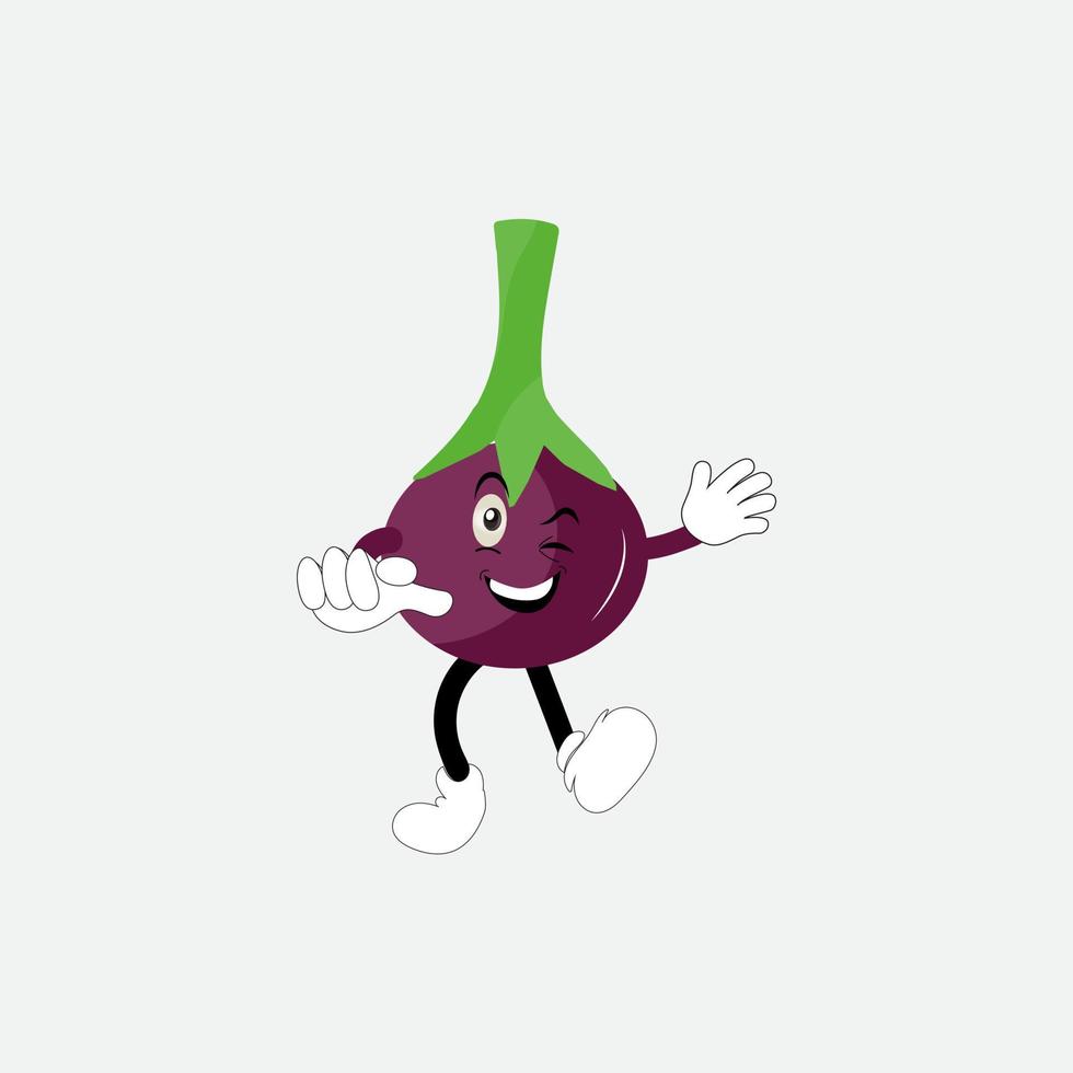 süß Aubergine Charakter Vektor Illustration. eben Aubergine Karikatur Charakter winken. minimal lila Aubergine Obst Design zum Kinder Bücher. Aubergine Karikatur Charakter