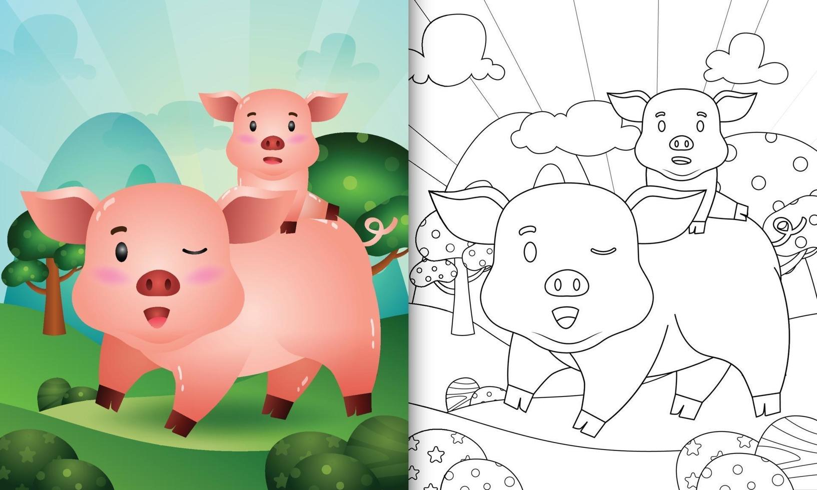 Malbuch für Kinder mit einer niedlichen Schweincharakterillustration vektor
