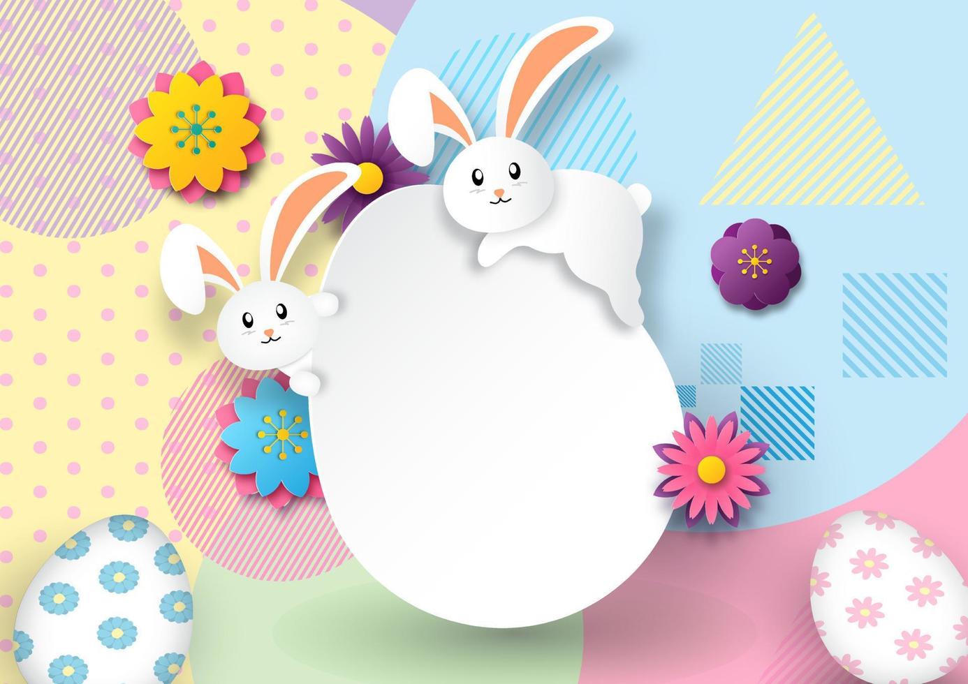 Weiß und süß Hase auf Weiß Banner im ein Ei gestalten mit Blumen auf bunt abstrakt gestalten Hintergrund. Ostern Tag Gruß Karte im Papier Schnitt Stil und Vektor Design.