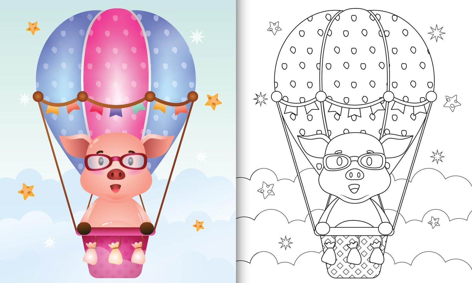 Malbuch für Kinder mit einem niedlichen Schwein auf Heißluftballon vektor