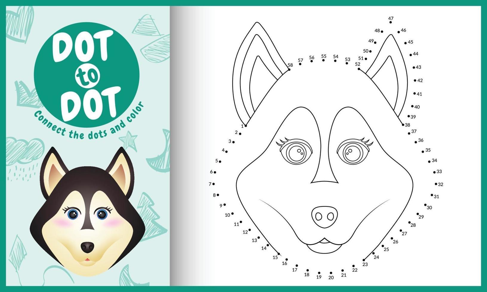Verbinden Sie die Punkte Kinderspiel und Malvorlagen mit einer niedlichen Gesicht Husky Hund Charakter Illustration vektor