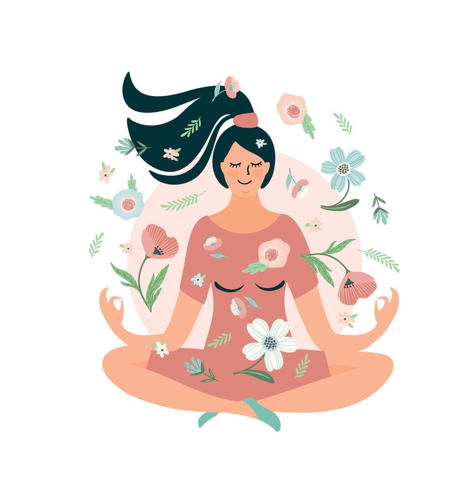 kvinna mediterar. själv vård, själv kärlek, harmoni. isolerat illustration. vektor