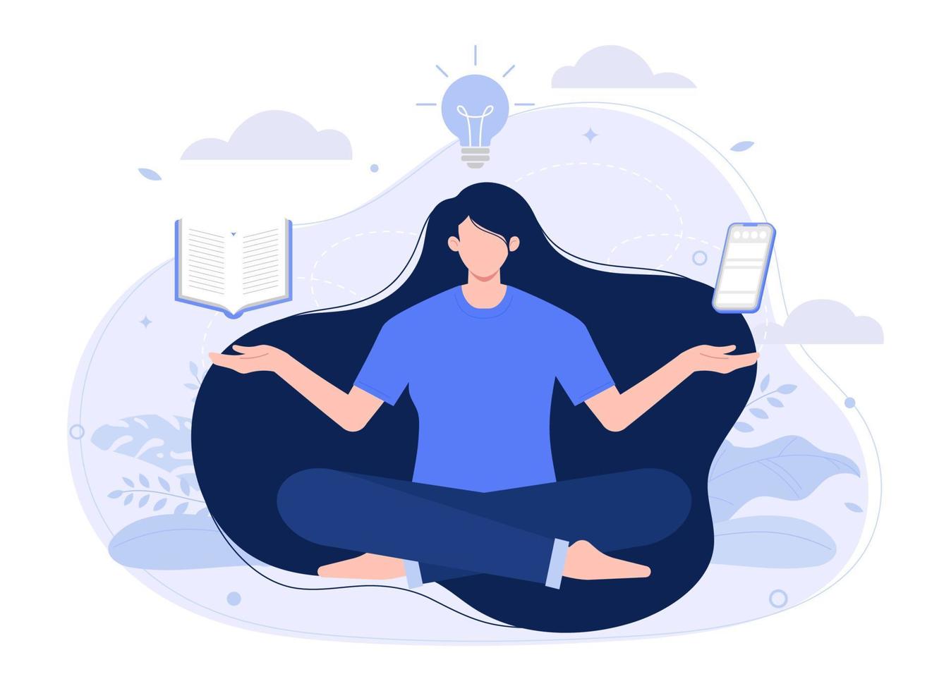 Gesundheit Leistungen zum Körper, Verstand und Emotionen, Lotus Position, habe gedacht Verfahren, modern Vektor eben Illustration.