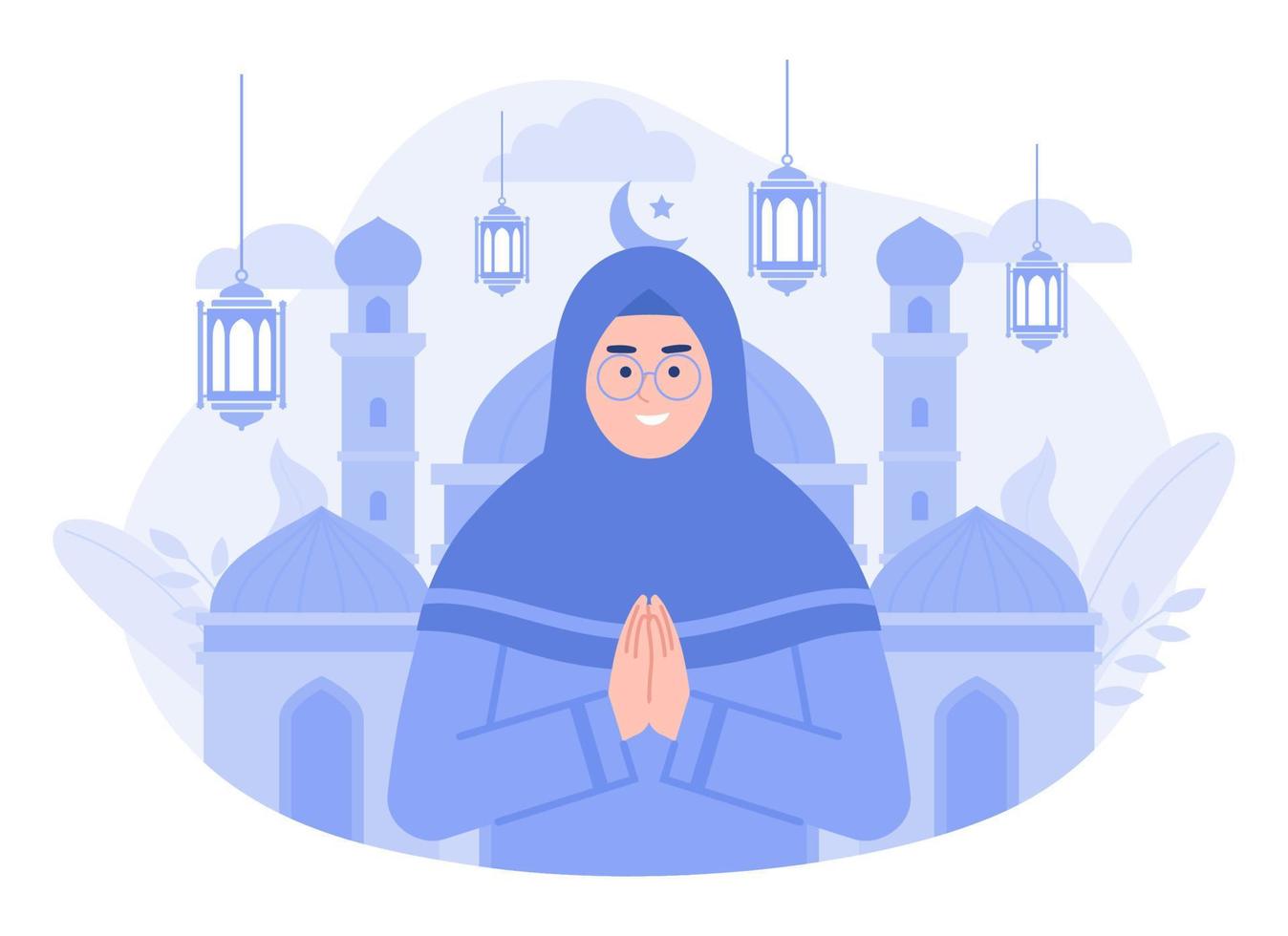 en kvinna lyckönskningar Lycklig ramadhan, eid al fitr illustration. modern vektor platt illustration