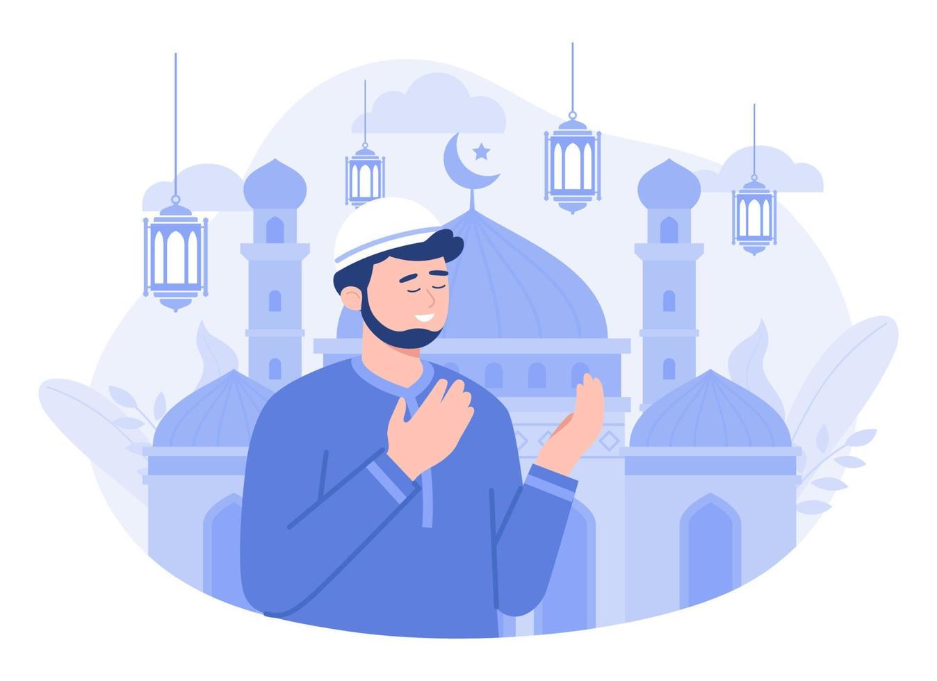 ein Mann beten und wünscht sich glücklich Ramadan, eid al fitr Illustration. modern Vektor eben Illustration