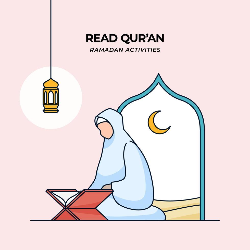 Muslim Mädchen lesen Koran heilig Buch von Islam zum Ramadan Aktivität Vektor Illustration Poster Banner