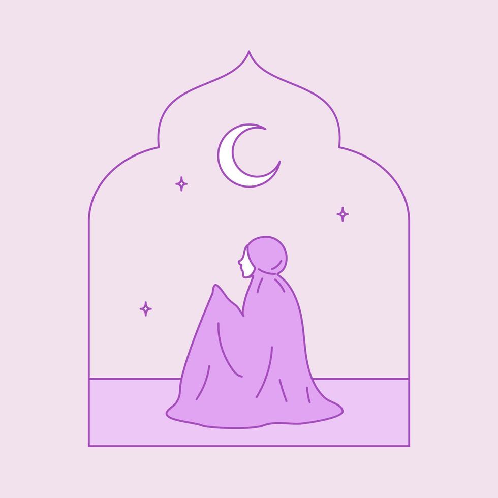 muslim kvinna be göra dua fråga hjälp från allah i de moské på de midnatt under ramadan månad aktivitet vektor illustration design