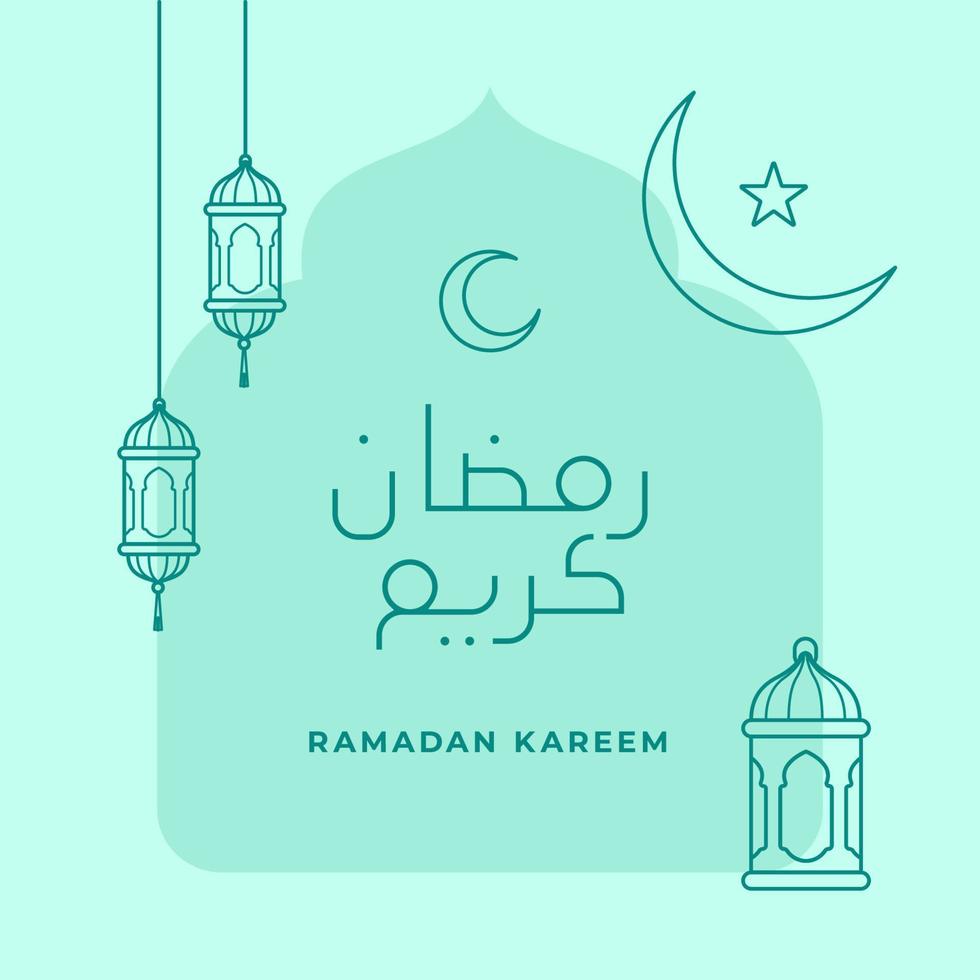 Ramadan kareem Linie Typografie Text mit islamisch Ornament Halbmond Mond und östlichen Laterne Lampe Vektor Illustration zum Muslim Fasten Monat Veranstaltung Poster Design. Arabisch Übersetzung Ramadan kareem