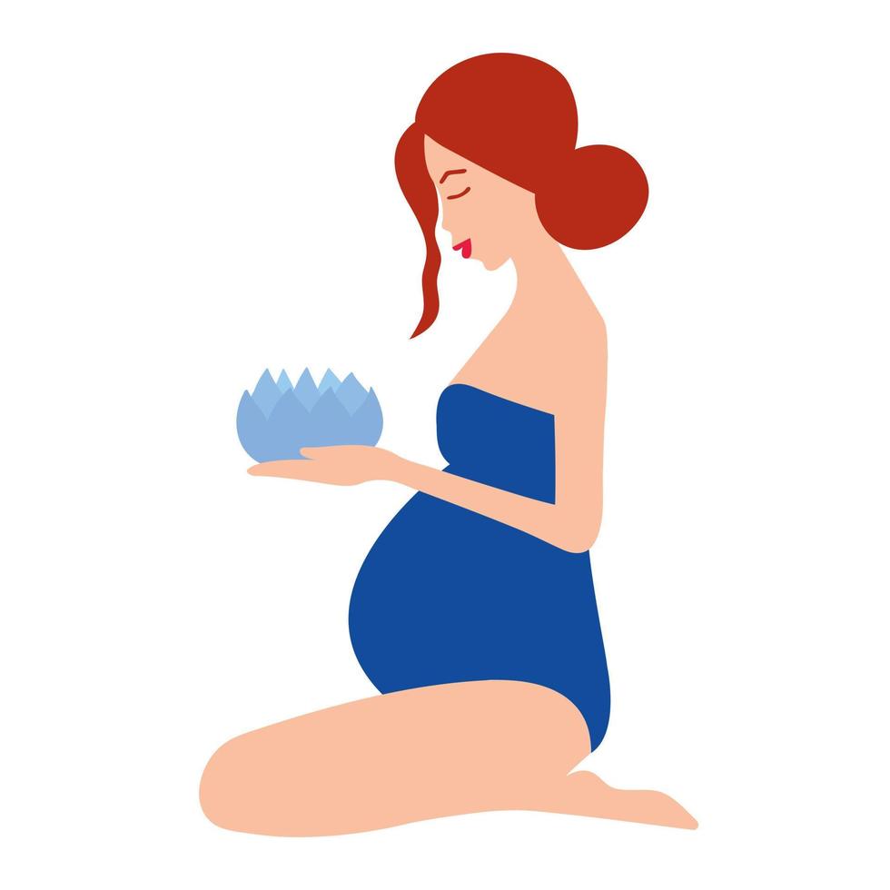 schwanger Frau Sitzung auf ihr Knie mit Wasser Lilie Blume im ihr Hände. Schwangerschaft Vektor Illustration. schwanger Frau mit Bauch. Vektor Lager Illustration.