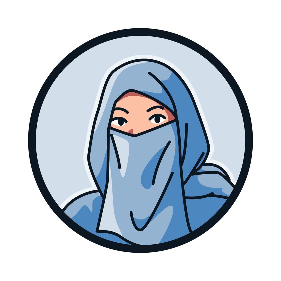 närbild porträtt av en kvinna karaktär ha på sig niqab. islamic slöja, huvudduk. runda, cirkel avatar ikon för social media, användare profil, hemsida, app. linje tecknad serie stil. vektor illustration.