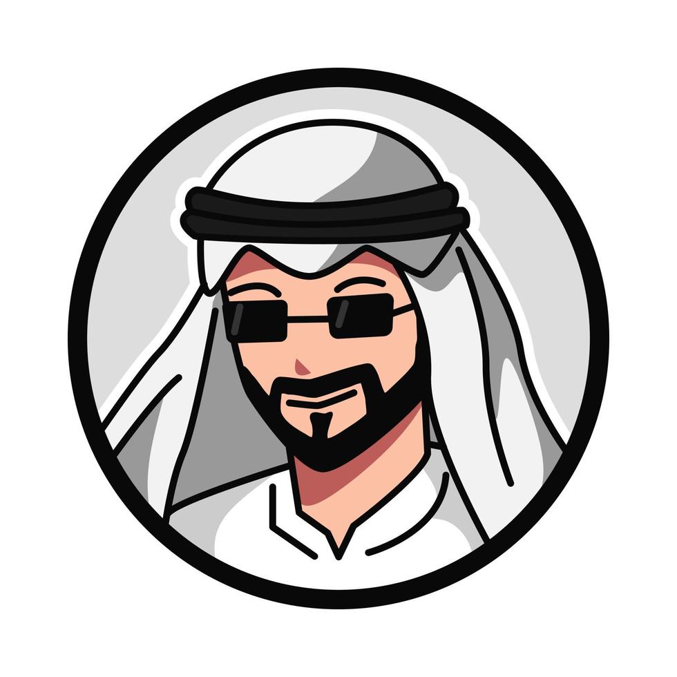 Nahansicht Porträt von Muslim männlich Charakter tragen keffiyeh, kufiya. runden, Kreis Benutzerbild Symbol zum Sozial Medien, Benutzer Profil, Webseite, App. Linie Karikatur Stil. Vektor Illustration.