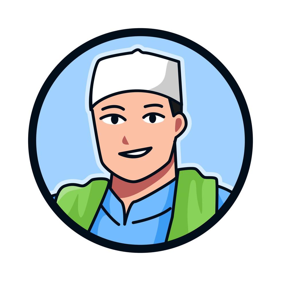 Nahansicht Porträt von ein Muslim männlich Charakter tragen ein Muslim Deckel, Kopia, Songkok. runden, Kreis Benutzerbild Symbol zum Sozial Medien, Benutzer Profil, Webseite, App. Linie Karikatur Stil. Vektor Illustration.