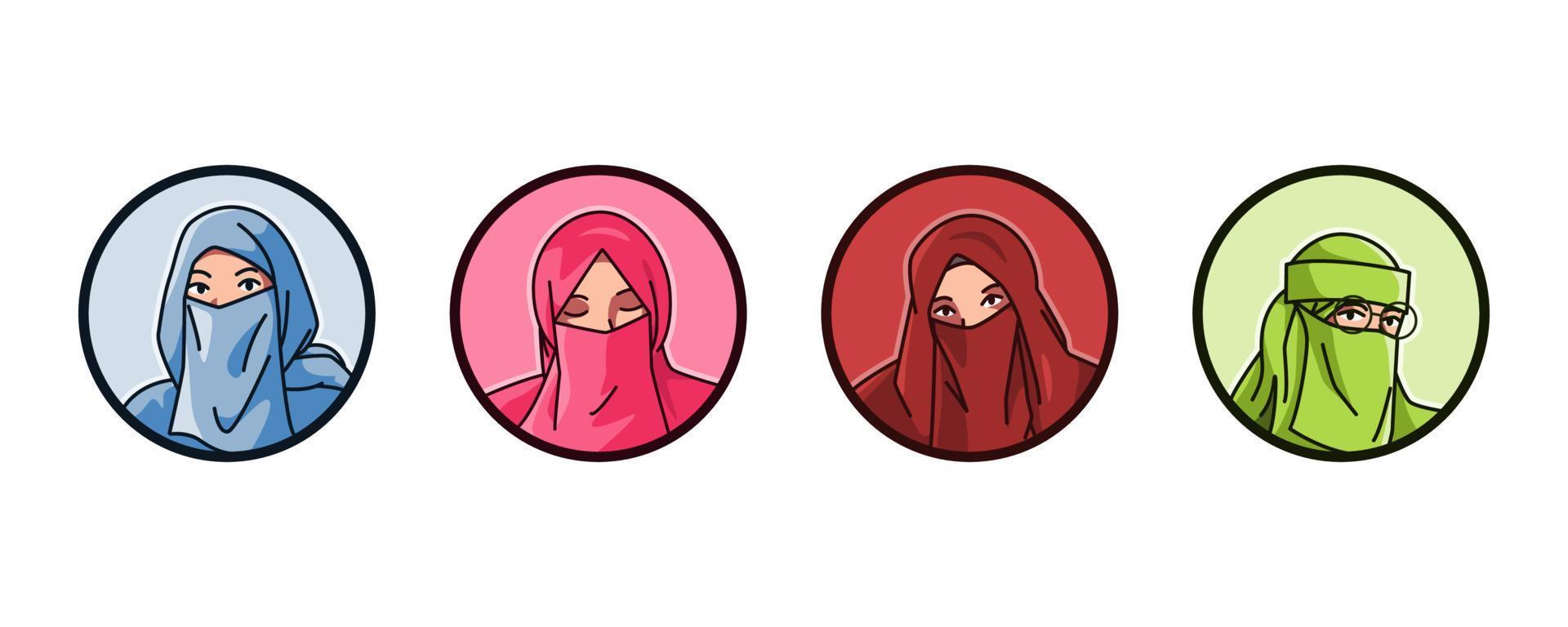 uppsättning avatar av en kvinna tecken ha på sig niqab. islamic slöja, huvudduk. runda, cirkel ikon för social media, användare profil, hemsida, app. linje tecknad serie stil. vektor illustration.