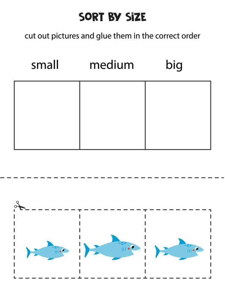 Sortieren süß Blau Hai durch Größe. lehrreich Arbeitsblatt zum Kinder. vektor